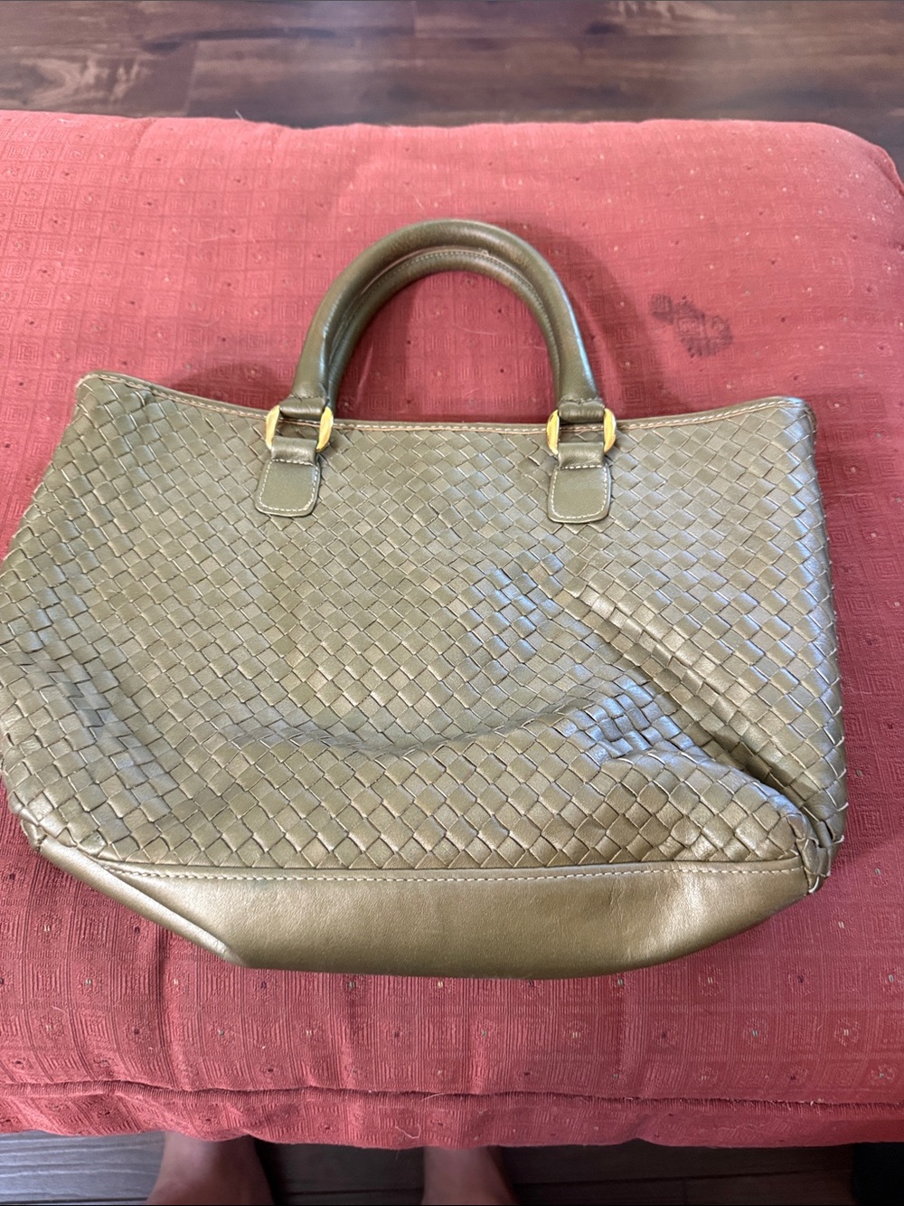 Olive Green Woven Leather Tote Bag